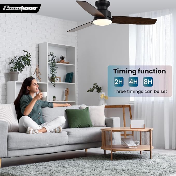 Conciseer 42 Inch Ceiling Fans with Lights and Remote, Bedroom Living Room Office, Flush Mount, 6CCT Dimmable, Dual Color 3 Blades, 6 Speed Reversible Quiet DC Motor, Black/Wood Grain, 2 Pack