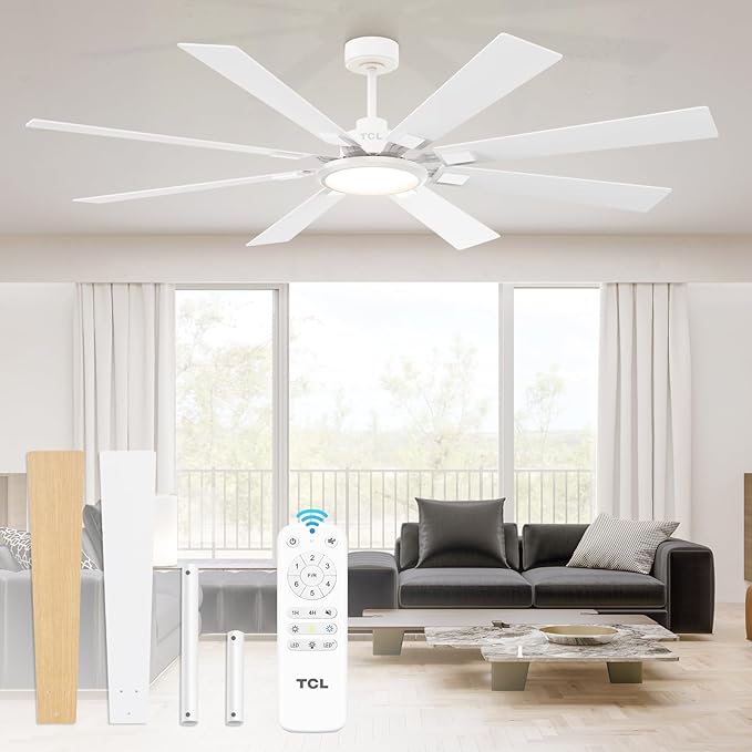 TCL Ceiling Fan with Light and Remote: 72 inch 8 Blades Smart Quiet Fan with Dimmable LED Lights for Bedroom Gazebo Patio Garage Dorm - 6 Speed DC Reversible Modern Fan for Summer and Winter