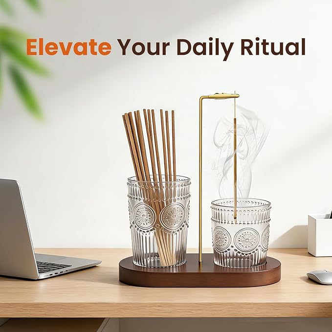 2 in 1 Incense Holder for Sticks, Vintage Glass Upside Down Incense Burner with Removable Ash Catcher & Solid Wood Base, Anti-Ash Flying Catcher for Meditation, Yoga, Spa & Home Decor- Brown