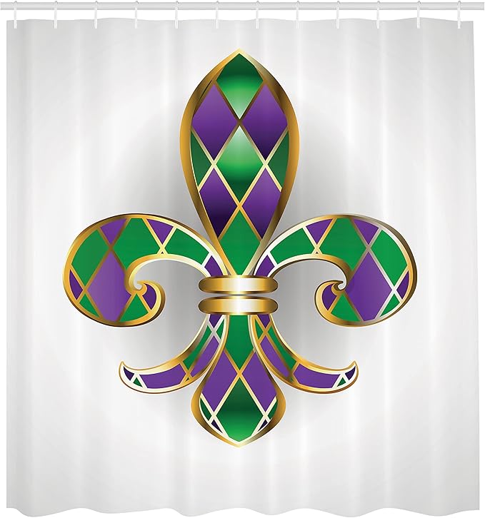 Ambesonne Fleur De Lis Shower Curtain, Golden Yellow Colored Lily Diamond Shapes Royalty Theme, Cloth Fabric Bathroom Decor Set with Hooks, 69" W x 70" L, Purple Green