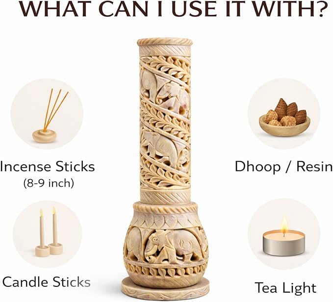 Carry Me Hand Carved Soapstone Incense Stick Holder | Candle Burner | Tea Light Stand. Elephant Jaali Carving Bottle Shape. Decorative Home and Kitchen Decor - (3x3x10.5 Inches)