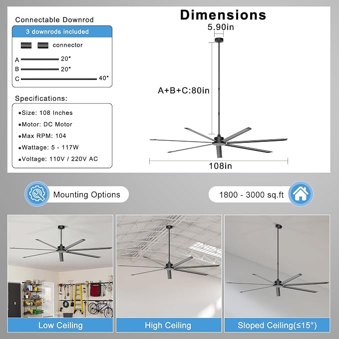 Ohniyou 108'' Ceiling Fan No Light, Black Industrial Ceiling Fan with Remote/APP, 7 Aluminum Blades, 20000 CFM DC Motor for Gym, Warehouse, Garage, Shop