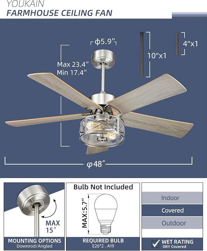 YOUKAIN Farmhouse Ceiling Fans, 48 Inch Industrial Ceiling Fan with Light and Remote Control, Clear Glass, 5-Reversible Blades with Gray Oak/Burlywood Finish, 52-YJ632-BN