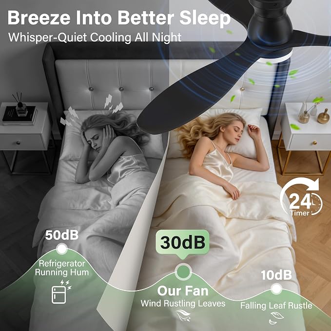 52" Wood Ceiling Fans with Lights Remote,Smart Control via Alexa App,Quiet DC Motor,Flush Mount Low Profile Ceiling Fan for Modern Bedroom,Living Room,Patio,Outdoor Indoor,Matte Black,Dimmable,6-Speed