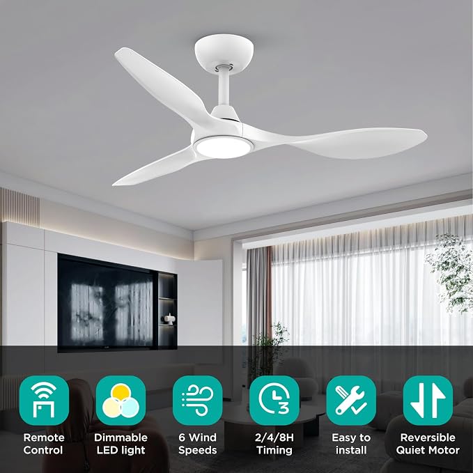 Roomratv 42 Inch White Ceiling Fans with Lights, Remote Control,Reversible DC Motor,Dimmable,6 Speeds,Ultra Quiet,3 Blade Ceiling Fans for Bedroom,Living Room,Indoor Outdoor Patio