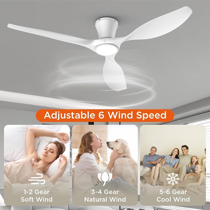 TALOYA 52 Inch White Ceiling Fans with Lights Led Remote Control Flush Mount Low Profile for Bedroom Farmhouse Patio Outdoor Living Room Kitchen Dining Room,DC Motor,Reversible