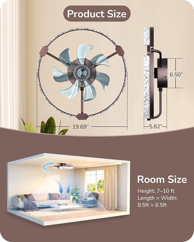EDISHINE 20'' Ceiling Fans with Lights and Remote, LED Low Profile Fan Light, 3000-6000K Dimmable, 6 Speeds Flush Mount Ceiling Fan, DC Motor, APP Control, Modern Fandelier for Bedroom, Brown