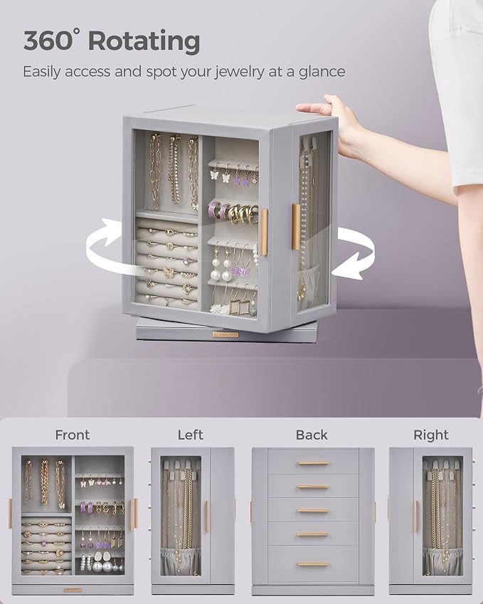 Glimmloop 360° Rotating Jewelry Box with 5 Drawers, Spacious Vertical Jewelry Organizer with Glass Window, Jewelry Storage Case, Dustproof & Moisture-resistant Design, Grey