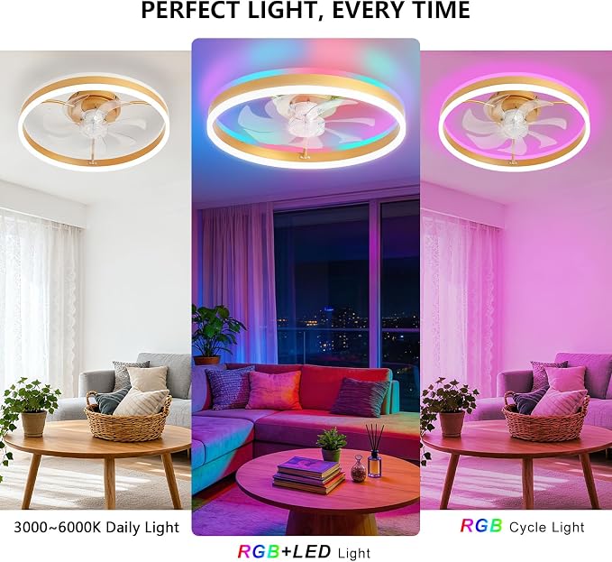 STERREN RGB Ceiling Fan with Light, 20'' Low Profile Ceiling Fans with Remote Control, Smart Gold Flush Mount LED Fan Light, Modern Bladeless Fandelier for Bedroom, Living Room, Kitchen