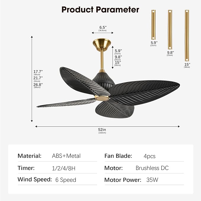 52 inch Ceiling Fan Without Lights, Remote & APP Control, 6 Speed DC Motor, 4 Palm Leaf Blades, Tropical Ceiling Fans for Bedroom, Living Room (Black Gold)