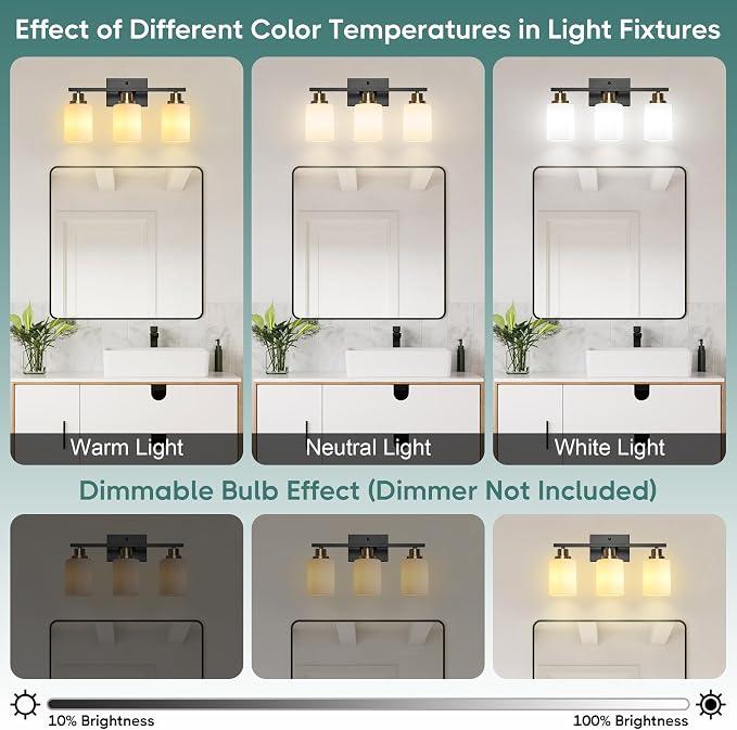 Ascher Bathroom Light Fixtures, 3-Light Vanity Light Over Mirror, Black and Gold Wall Sconces with Milky White Frosted Glass Shades, Wall Lamp for Living Room Bedroom, E26 Base(Bulbs Not Included)
