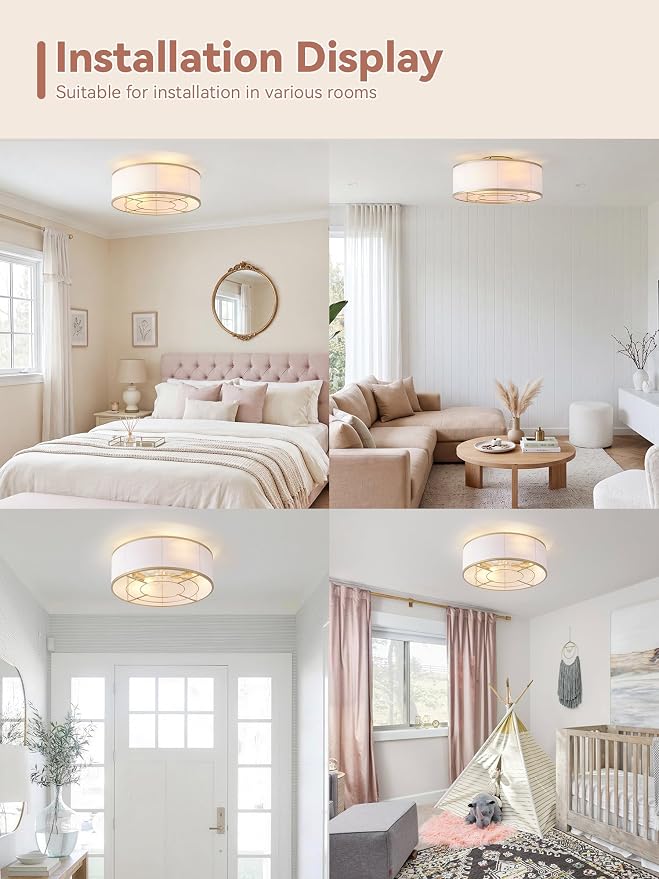 Low Profile Ceiling Fans with Lights, 20" Gold Boho Ceiling Fan with Light Flush Mount and Remote Control, Drum Caged with 6 Speeds for Bedroom, Nursery, Living Room