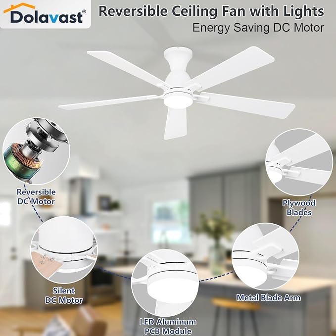 Ceiling Fans with Lights, 60 Inch Low Profile Ceiling Fan with Light and Remote Control, Flush Mount, Reversible, 3CCT, Dimmable LED, Quiet, White Ceiling Fan for Bedroom, Living Room