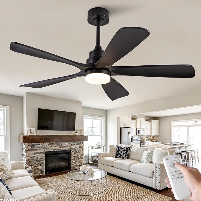 52 Inch Solid Wood Ceiling Fans with Lights, Black Ceiling Fan with Light, Modern Indoor Outdoor Ceiling Fan with Remote for Patio Living Room Bedroom