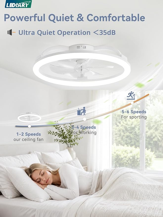 LEDIARY 23 Inch Ceiling Fans with Lights and Remote, Dimmable Fan Light | 6 Speed, Reversible, APP & Remote Control, Low Profile Flush Mount Ceiling Fan for Bedroom, White