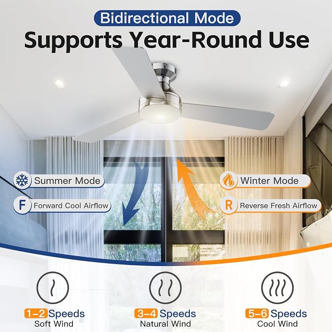 Ceiling Fans with Lights, 42 Inch Ceiling Fan with Light And Remote, 3CCT Flush Moun Low Profile Ceiling Fans, 6 Speed Noiseless LED Ceiling Fan, Advanced Nickel Ceilings Fan for Bedroom Living Room