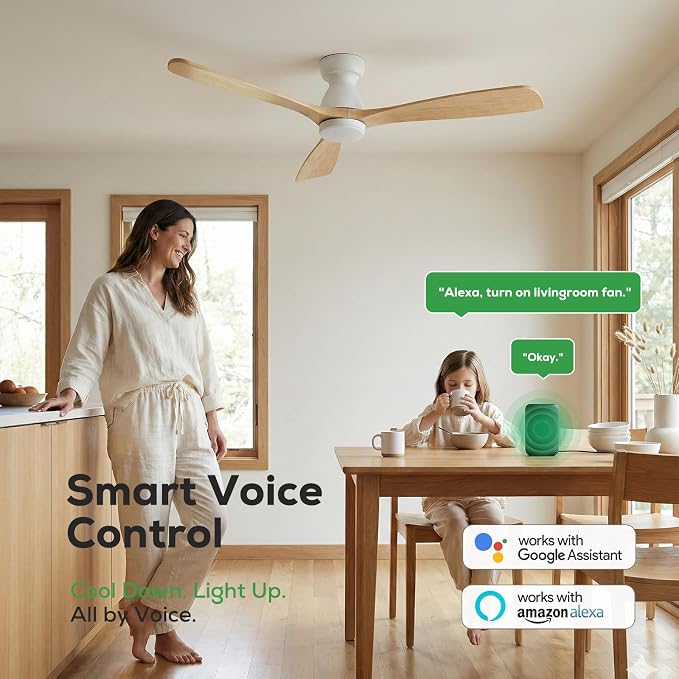 52 inch Smart Flush Mount Ceiling Fan with Lights,Outdoor Low Profile Wood Ceiling Fan with lights Works with App&Alexa/Gg Voice Control&Remote,Quiet DC Motor for Covered Patio Porch,Nature Wood