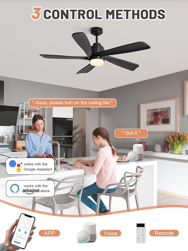 Sofucor Ceiling Fan with Lights and Remote, 52 Inch Modern Wood Ceiling Fan for Indoor Farmhouse Bedroom Living Room Outdoor Patio Porch (Black, 52 inch)