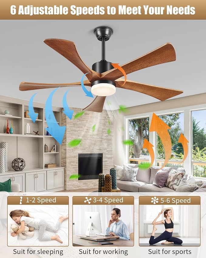 72 Inch Ceiling Fan with Lights and Remote, USA Original Patent 72" Large Ceiling Fan, 3 Downrods, 5 Wood Blades, ETL Listed, 6 Speeds Quiet DC Motor Outdoor Indoor Modern Fan, 72", Walnut