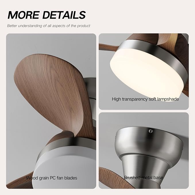 20 Inch Ceiling Fan with Light，3 Blades，Silver with Light with Remote Control Small Ceiling Fan ， Suitable for Living Room, Dining Room，Bedroom