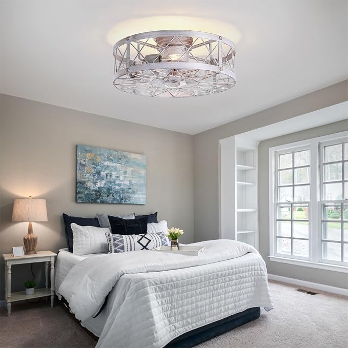 24" Flush Mount White Caged Ceiling Fans with Lights, Rustic Low Profile Ceiling Fan with Light and Remote, Quiet Reversible DC Motor Bladeless Enclosed Ceiling Fan for Bedroom Kitchen Farmhouse