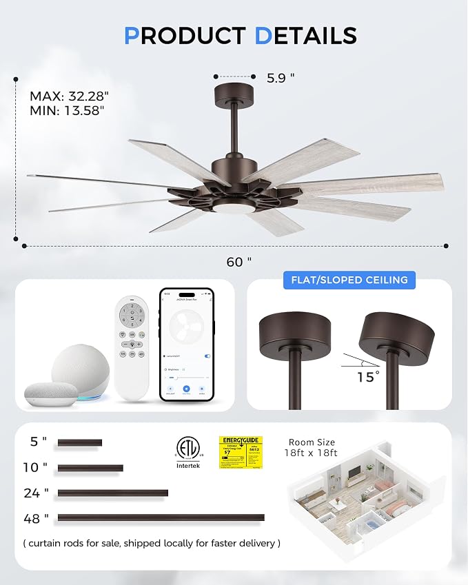 60 Inch Ceiling Fan with Light,Smart Indoor Outdoor Ceiling Fan with Alexa,Large Oil Rubbed Bronze Modern Ceiling Fan,Dual Finish 8 Blades,Quiet Fan for Living Room, ZCCF05ORB-60