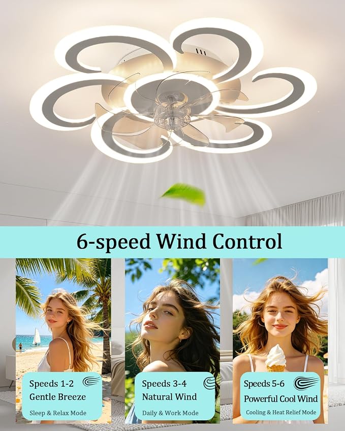 24" White Flower Ceiling Fan with Light Remote Control, 3 Light Color 6 Speeds Flush Mount Low Profile Ceiling Fan for Bedroom Kitchen