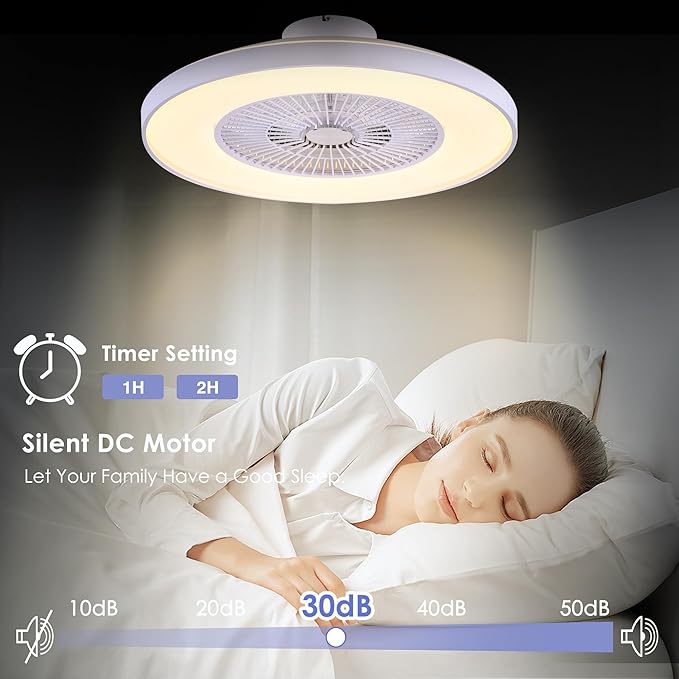 24" Bladeless Ceiling Fans with Lights and Remote/APP/Voice Control, Low Profile Ceiling Fan with RGB Lights, Enclosed Flush Mount Ceiling Fan for Kid's Bedroom/Living Room