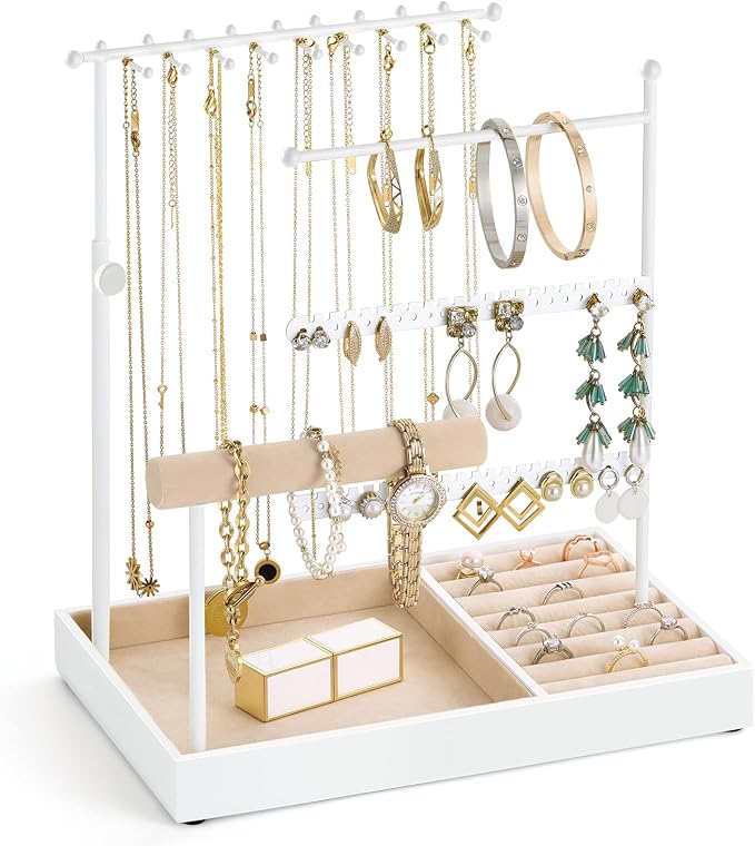 Emibele Jewelry Necklace Holder, 5 Tier Jewelry Organizers and Storage | Earring Bracelet Holder, Jewelry Display with Metal Frame Velvet Ring Tray, Aesthetic Jewelry Stand Gifts for Women, White