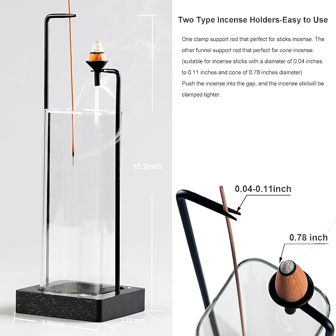 Incense Holder for Sticks and Incense Burner for Cone Incense Set, Upside Down Incense Burner with Removable Glass Ash Catcher Anti-Ash Flying Black
