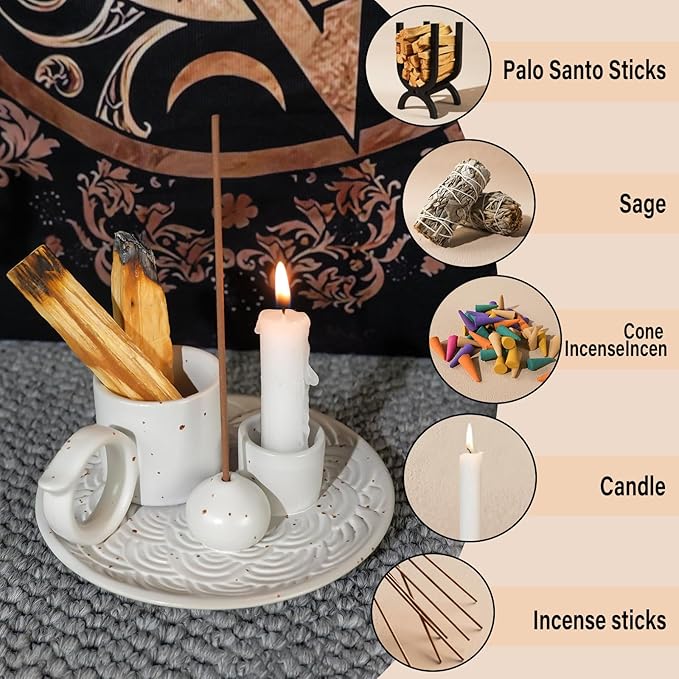 MOUGIGI 5-in-1 White Ceramic Palo Santo Burner & Holder - Small Candle and Smudge Tray for Incense Sticks & Cones, Sage, Zen Meditation Altar Accessory – Compatible with Matches for Aromatic Scents