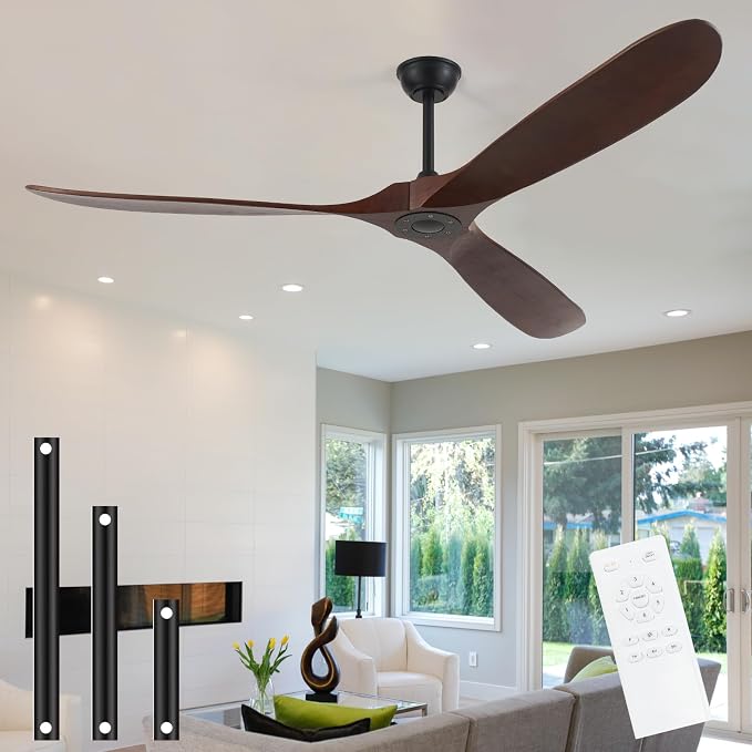 72inch Solid Wood Ceiling Fan no Light,Outdoor Ceiling Fan with Remote,DC Ceiling Fans with Large Airflow for Patios,Gazebos,Living Room,Farmhouse (dark walnut)