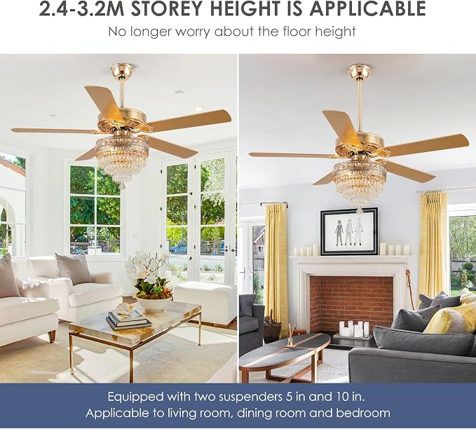 52"Golden Crystal Chandelier Ceiling Fans with Lights and Remote Control | Classical Design,6 Reversible Speeds,30W Quiet DC Motor,5 Wooden Blades,2*E12 LED Bulbs Included,for Living Room Bedroom