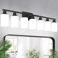 Indoi 7-Light Bathroom Light Fixtures, Matte Black Modern Vanity Lights with Milky White Shades, Bathroom Wall Lamp for Mirror Living Room Cabinet Bedroom Porch