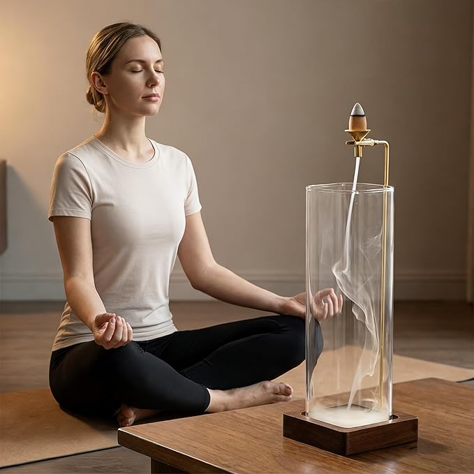 Glass Incense Holder, Hanging Incense Stick Burner with Ash Catcher, 2 in 1 Backflow Cone Holder on Wooden Base, Anti-Ash Zen Decor for Meditation, Yoga（Square）