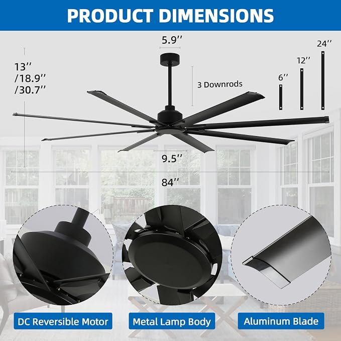 84 Inch Industrial Ceiling Fans without Lights, Large Ceiling Fan with 8 Reversible Aluminum Blades, 6-Speed Remote Control, Home or Commercial Ceiling Fan for Porch, Garage, Shop