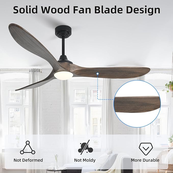 60” Outdoor Ceiling Fan with Light 3 Downrods, Smart Wood Ceiling Fan Compatible with Alexa/Google/App, 3 Blades Modern Walnut Wood Ceiling Fans for Kitchen Living Room Patio,Dark Brown