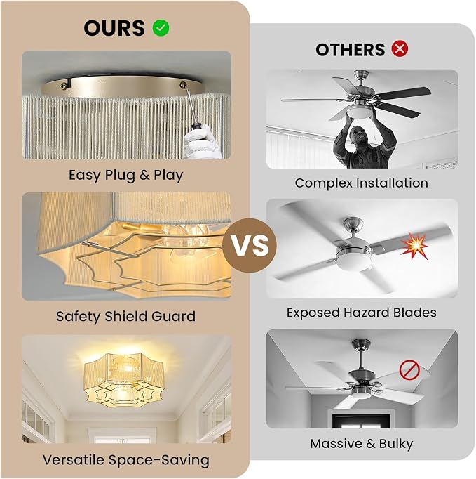 RUIYEY Boho Ceiling Fans with Lights: 20 inch Modern Flush Mount Ceiling Fan with Remote Control, 7 Blades Reversible 6 Speeds E26 4 Light Low Profile Hand Woven Caged Fandelier for Bedroom Nursery