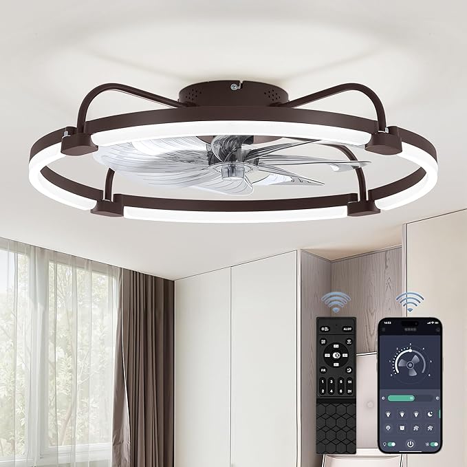 LEDIARY Ceiling Fans with Lights and Remote, 24'' Low Profile Ceiling Fan with Light, 3000-6000K Dimmable Fandelier LED Fan Light, 6 Wind Speeds, Brown Modern Flush Mount Ceiling Fan for Bedroom