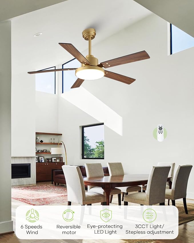 52 Inch Gold Ceiling Fans with Lights and Remote/APP, 12.2'' Large 3CCT LED Light Panel, Modern Smart Black and Gold Ceiling Fan for Bedroom Living Room, ETL Listed, 6 Speeds Quiet DC Motor
