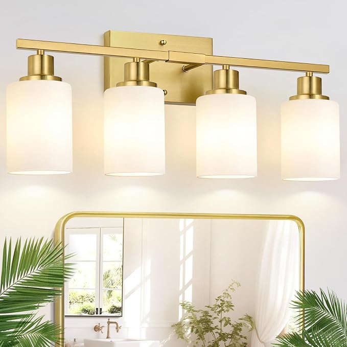 Indoi 4-Light Bathroom Light Fixtures, Brushed Gold Modern Vanity Lights with Milky White Shades, Bathroom Wall Lamp for Mirror Living Room Cabinet Bedroom Porch
