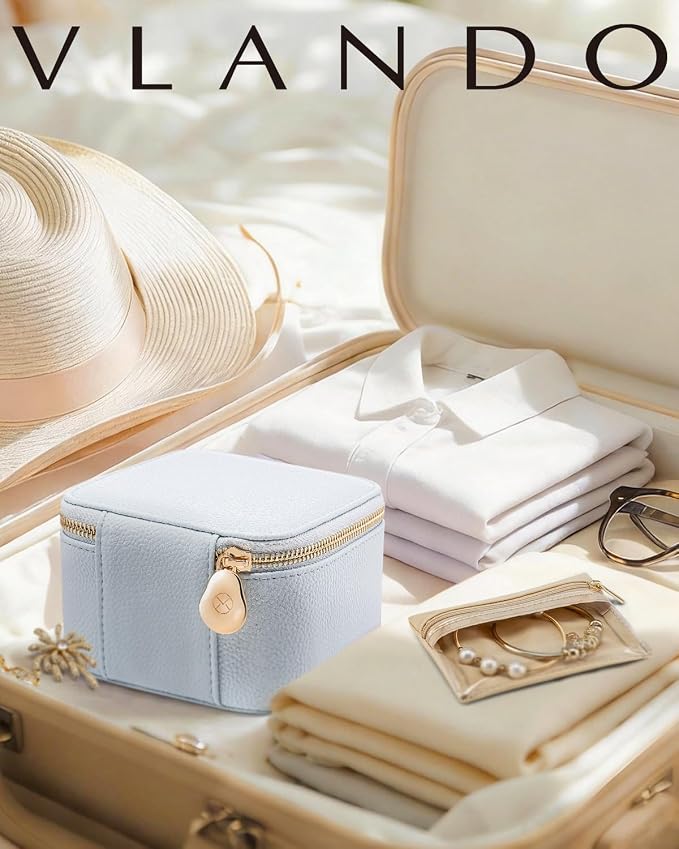 VLANDO Travel Jewelry Case,Travel Jewelry Organize with 6 Velvet Jewelry Zipper Pockets,Premium Petal Hardware Jewelry Case for Birthday Wedding Graduation Gifts-Baby Blue