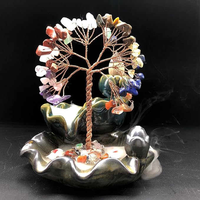 Backflow Incense Burner, Ceramic Incense Waterfall Burner with 7 Chakras Healing Crystals Tree Fountain Incense Holders for Yoga Meditation Home Decor
