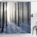 Ambesonne Forest Shower Curtain, Thin Snow Covered Path in Misty Winter Woodland Morning Sun Image Print, Cloth Fabric Bathroom Decor Set with Hooks, 69" W x 70" L, White and Dark Brown