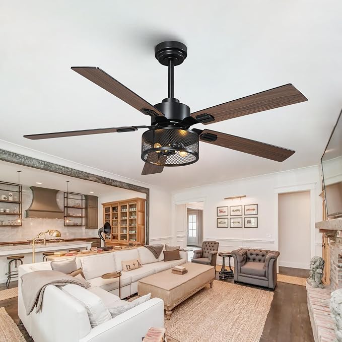 Ceiling Fans with Lights and Remote Control, 52 Inch Farmhouse Ceiling Fan for Living Room, 5 Dual Finish Blades, 6-Speed Adjustable and Reversible DC Motor with Timer & APP Control for Indoor/Outdoor