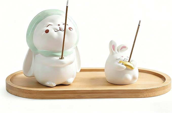 Cute Rabbit Incense Holder for Sticks – Resin Incense Stick Holder with Bamboo Ash Catcher,Perfect for Energy Cleansing,Yoga,Meditation,Zen Spaces, and Altar Decor