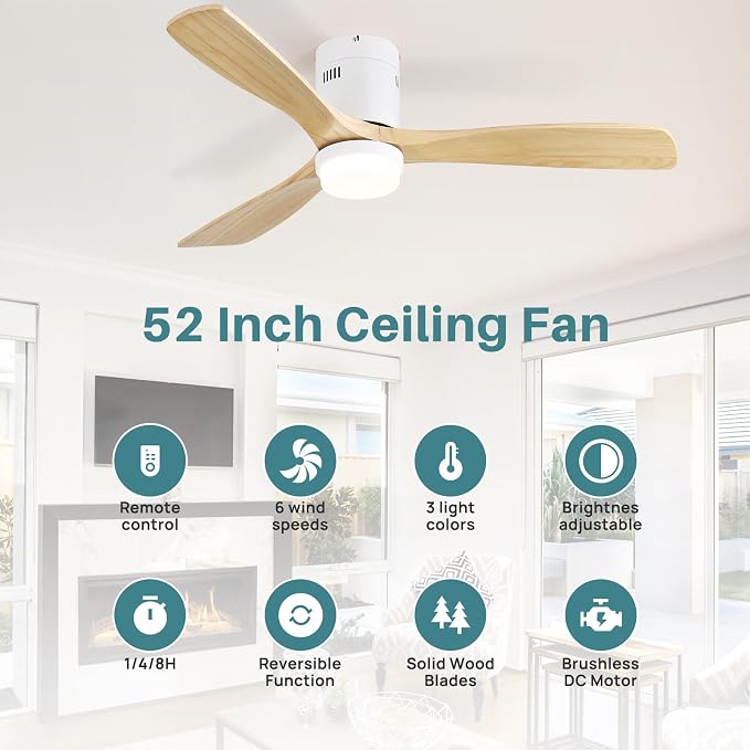 Sofucor Ceiling Fans with Lights-52 Inch Flush Mount Ceiling Fan with Light and Remote Control, Low Profile Wood Blades Modern Outdoor Ceiling Fans for Bedroom/Living Room/Patio/Indoor, Quiet DC Motor