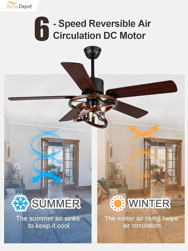 Bella Depot 52 Inch Farmhouse Ceiling Fan Chandelier with LED Light, 6-Speed, Reversible, Timer, Remote Control for Large Living Room, Covered Patio