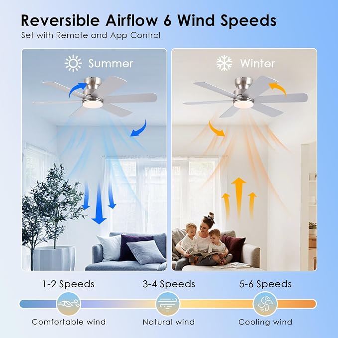 BayDay Ceiling Fans with Lights, Ceiling Fan with Remote APP, Dual-Sided Modern/Rustic, Reversible, 3CCT, Flush Mount Low Profile Ceiling Fan with Lights Bedroom Kitchen Indoor (Nickel, 46 inch)