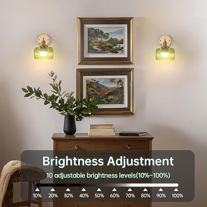 Shenmoyl Vintage Battery Operated Wall Sconce with Green Striped Glass Lampshade 5000 mAh Rechargeable Battery Powered Wall Light with Remote Control for Bedside Bedroom Doorway